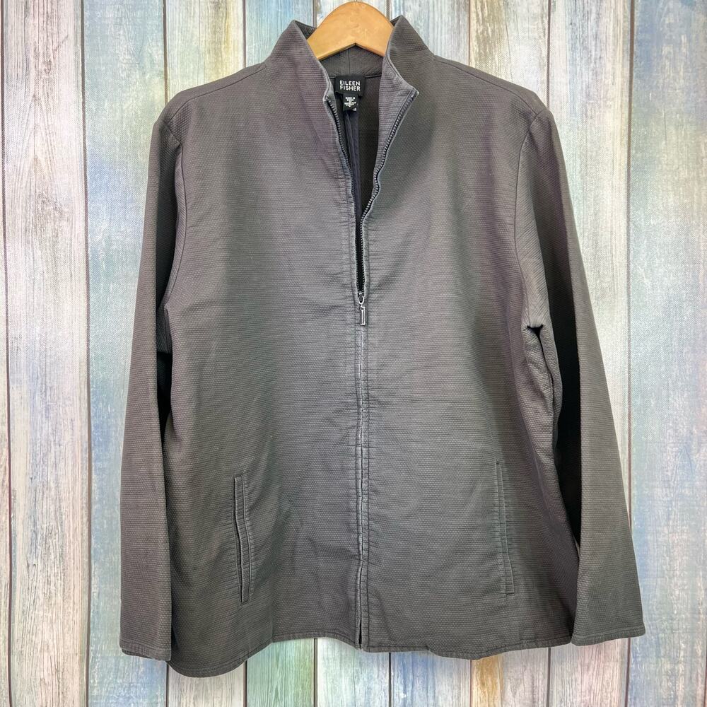 Eileen Fisher Zip Up Jacket Large Grey Cotton Light Weight